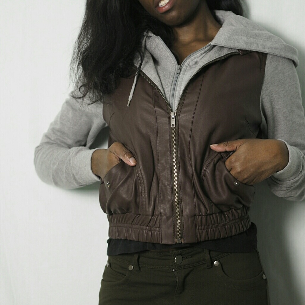 Brown Faux Leather Sweater Jacket Size S